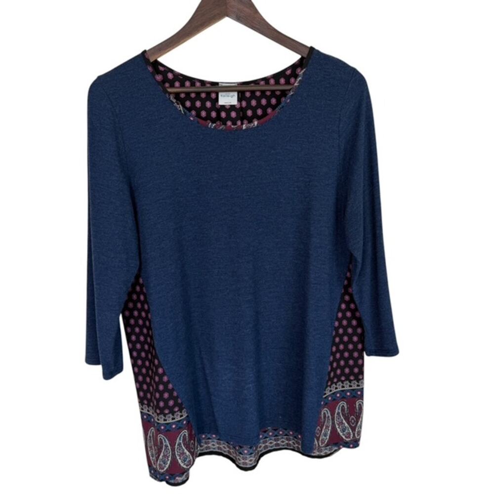 Kaileigh Blue and Black Mixed Media Scoop Neck Boho Top - Large